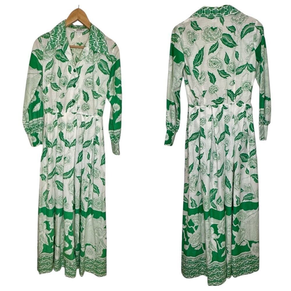 Vintage 1970s Montgomery Ward Shirtdress Maxi Floral Hawaiian Tropical Dress